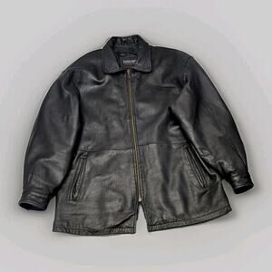 Vintage Tuskany Italian Leather Jacket Black Midi Coat Men's Large